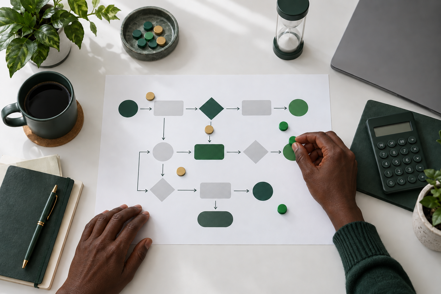 Mains à la peau ébène cartographiant un processus métier